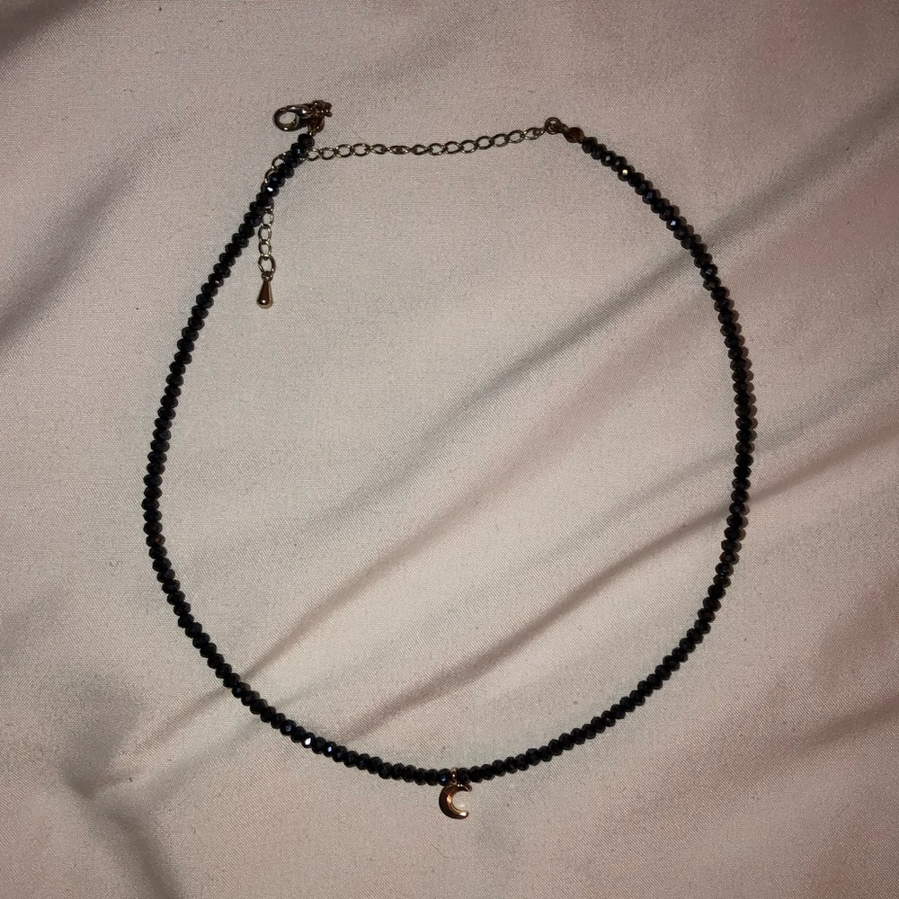 deep blue beaded gold moon layering necklace